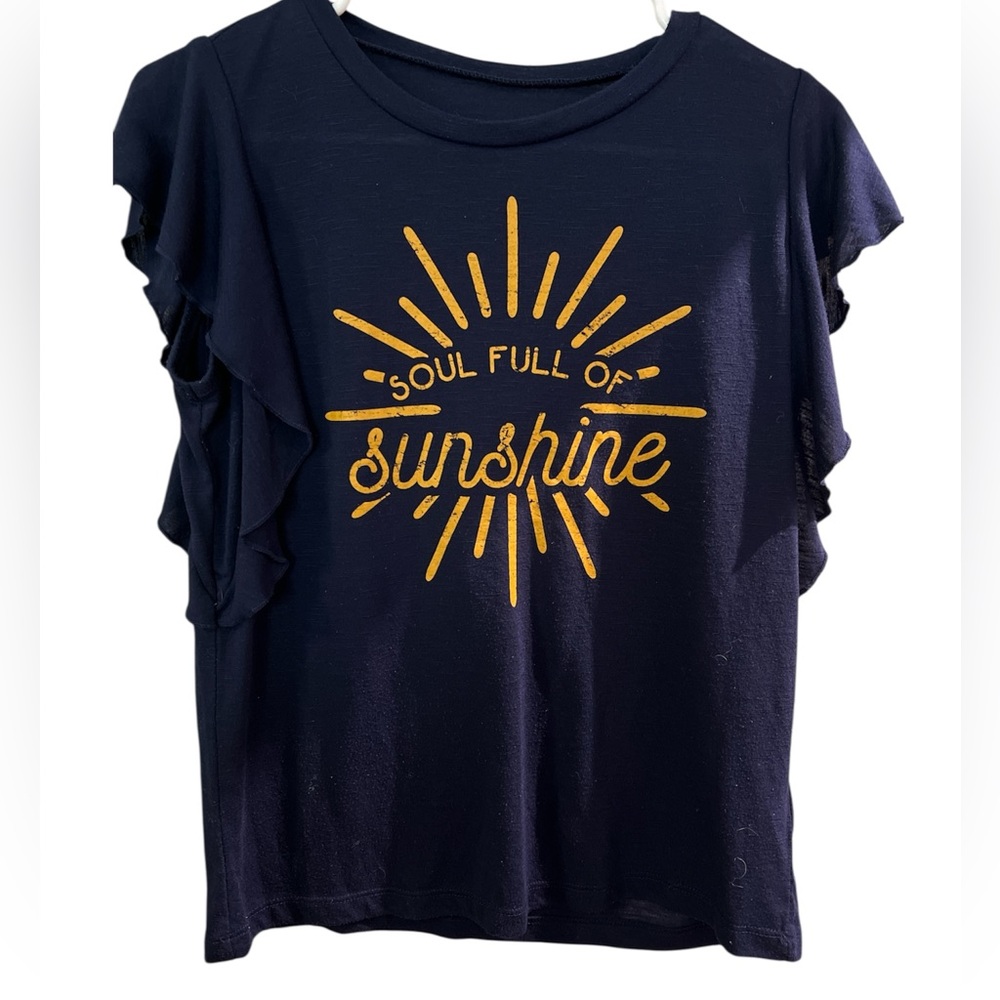 Jessica Simpson Navy T-Shirt with Gold Sunshine Graphic and Flutter Sleeves